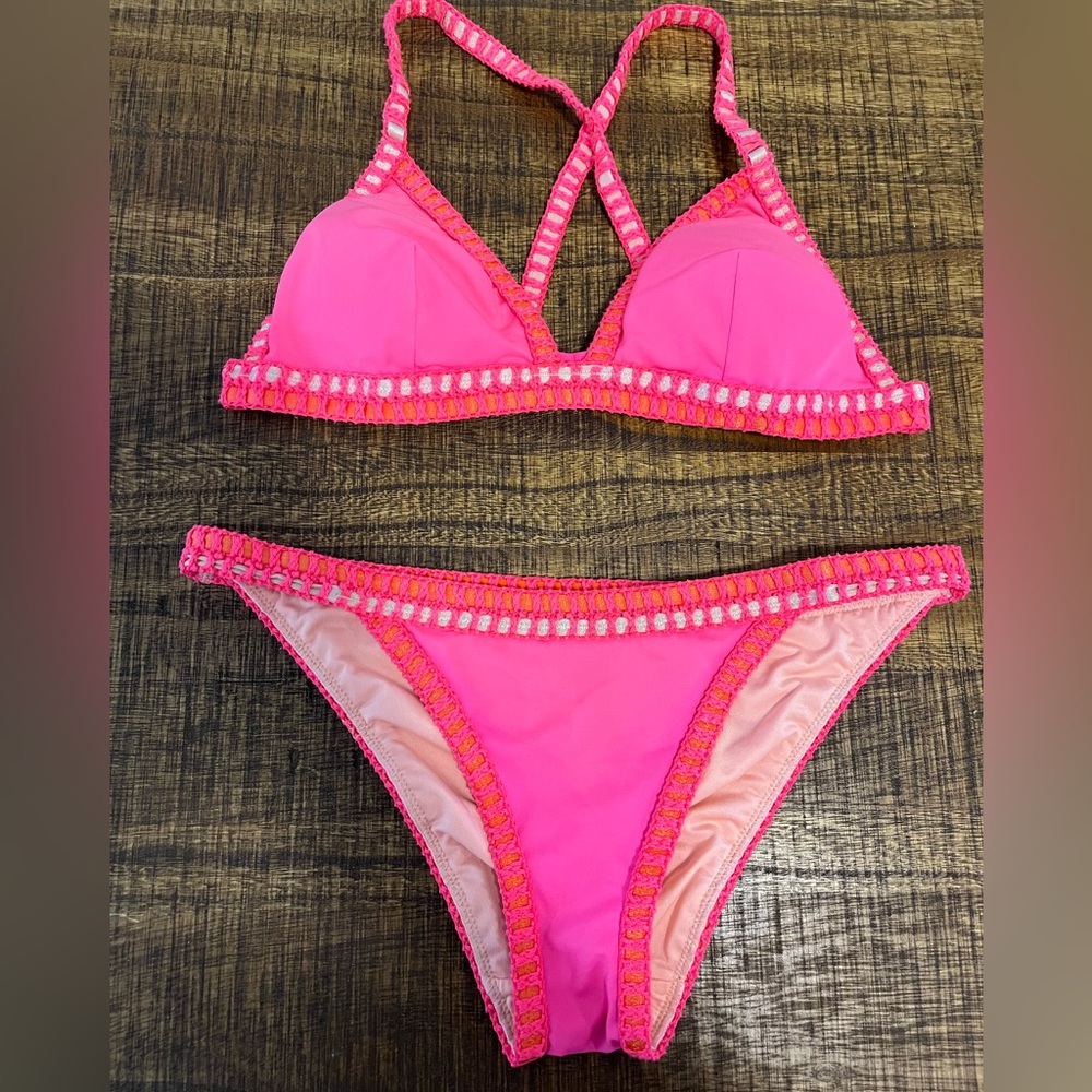 Victoria Secret Triangle Cross back Crochet Bikini Set in Hot Pink